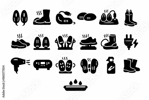 Diverse shoe dryer icons set depicting various styles and functions