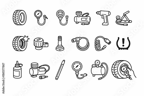 Essential car tire maintenance tools and equipment icons collection