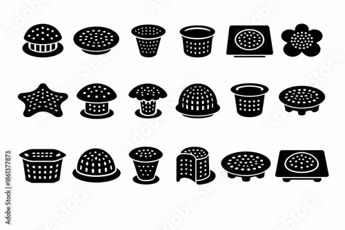 Collection of 18 black silhouette drain covers with various geometric designs