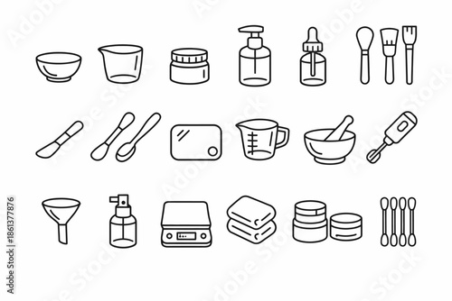 Collection of skincare and kitchen tools icons in simple black line art