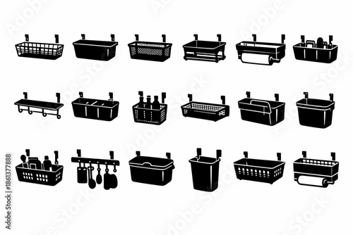 Collection of various black wall-mounted storage baskets and shelves