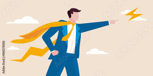 A businessman depicted as a superhero pointing forward with determination