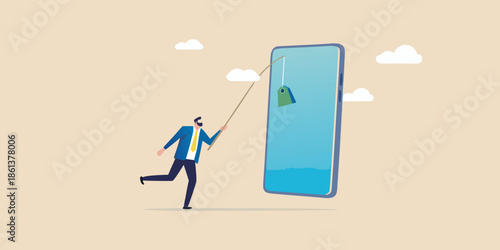 Man fishing for data or information using a smartphone and a fishing rod