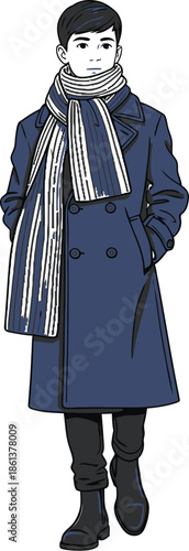 Stylish young man wearing a long navy blue double-breasted overcoat and a thick bright yellow knitted scarf