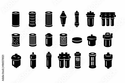 Various black and white water filter cartridge icons collection