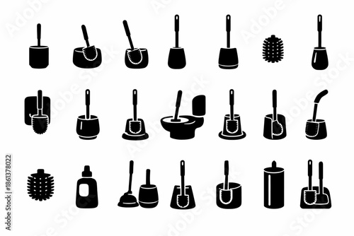 Collection of toilet brush and holder icons in black silhouette style