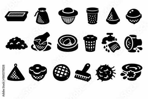 Silhouette icons of kitchen and cleaning tools in various shapes