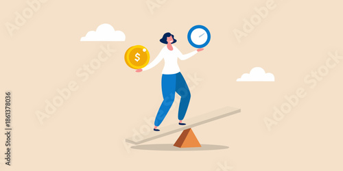 Balancing finances a woman carefully weighs money and time on a seesaw