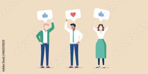 People raising speech bubbles with like and heart icons social media concepts