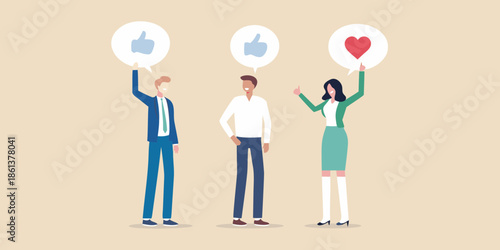 Diverse people expressing positive social media reactions with likes and a heart