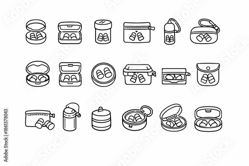 Black and white icon set of earbuds in various cases and containers