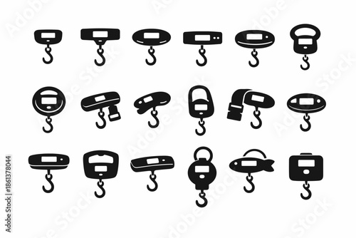 Various digital hanging scales with hooks in black silhouette collection