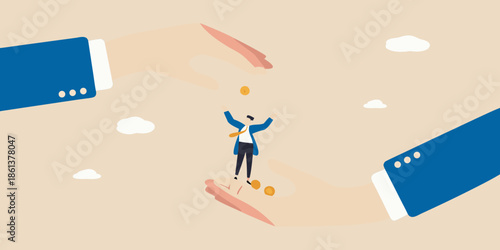 A person jumping between two phones receiving falling gold coins