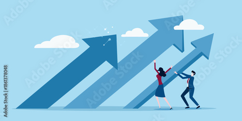 Teamwork and growth people climbing upwards on rising blue arrow steps