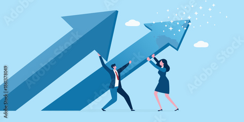 Teamwork and growth people pushing a large arrow upwards toward success