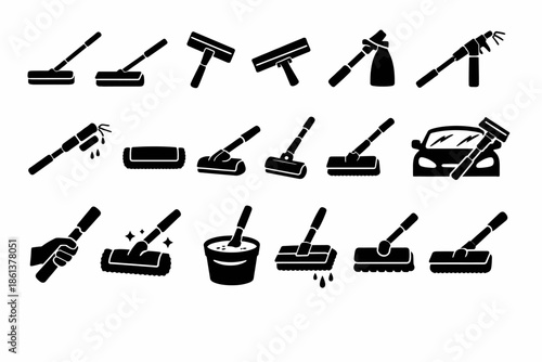 Silhouette icons of various cleaning tools and techniques for windows and cars