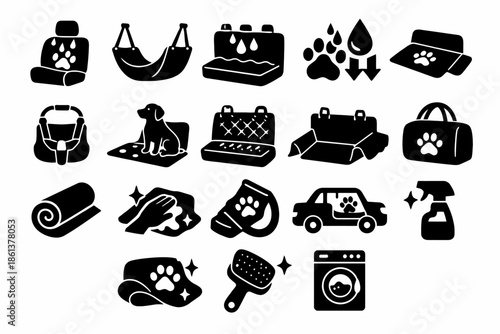 Pet care icons set: travel, grooming, cleaning, and comfort essentials