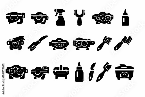 Collection of detailed black cooking and cleaning icon set