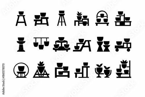 Minimalist black icon set of modern planter stands and tables