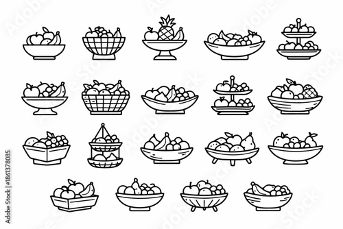 Variety of fruit bowls line art collection with apples, bananas, and pineapples