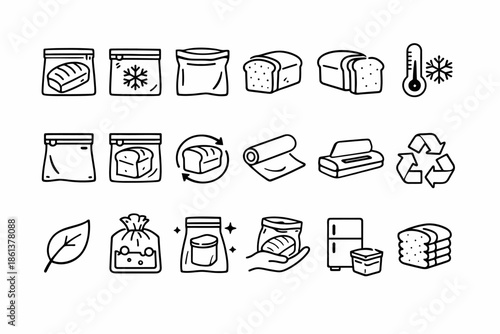Icons for bread storage and freezing: bags, containers, recycling, and freezing symbols