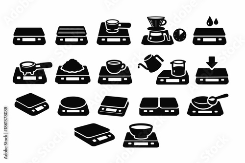 Coffee brewing process icons on digital scales