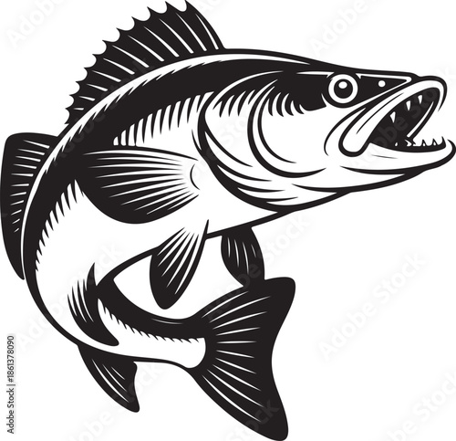 A detailed black and white illustration of a walleye fish head and body
