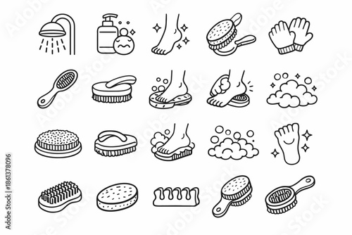 Personal hygiene icons: shower, soap, brushes, and gloves for self-care