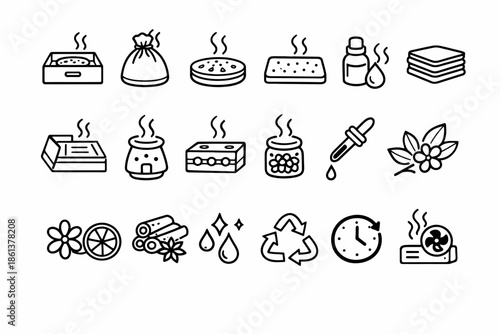 Collection of aromatherapy icons featuring oils, diffusers, citrus, and flowers