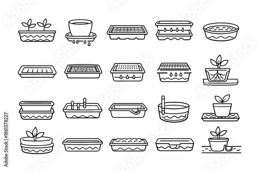 Collection of simple gardening pots and trays line art icons for plant cultivation
