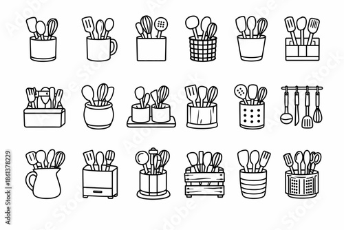 Collection of kitchen utensils in various holders line art