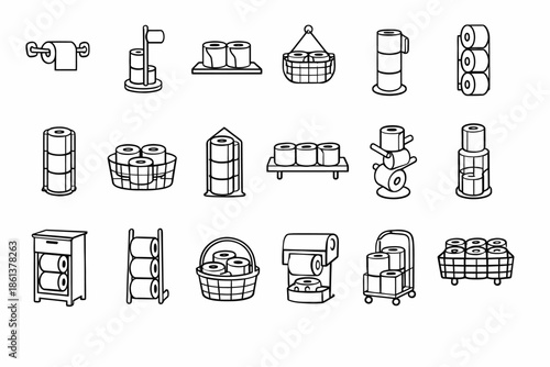Various toilet paper holders collection: basket, dispenser, stand, shelf, hanging designs