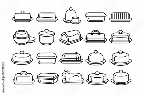 Collection of various butter dishes and cheese covers in outline style