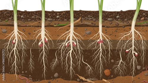 Plant root system growth stages cross section of soil layers showing seedling development educational biology illustration