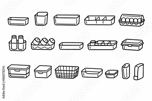 Hand-drawn kitchen and storage containers: eggs, milk, tubs, baskets, and more