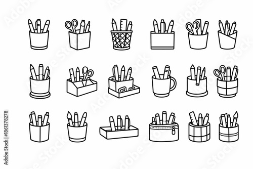 Collection of stationery holders with pens and scissors in various styles