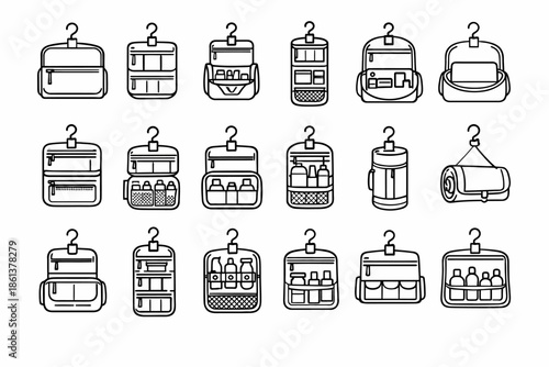 Collection of hanging organizers with hooks for travel and bathroom storage