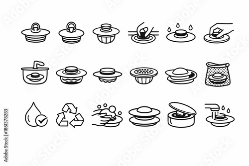 Minimalist line art icons of facial creams and skincare containers