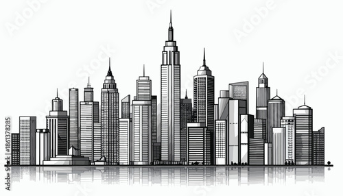 Densely packed modern skyscraper group silhouette in monochrome sketch