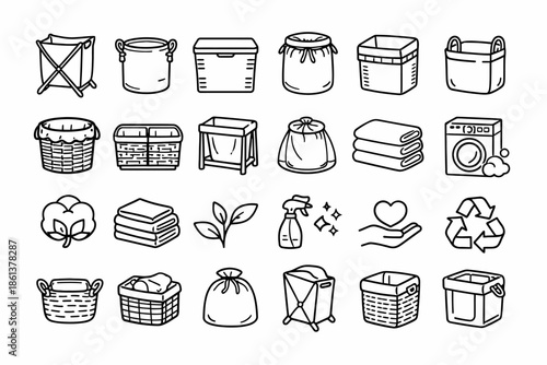 Minimalist laundry icon set: baskets, hampers, washer, towels, eco-friendly elements