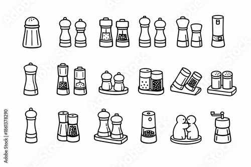 Various salt and pepper shaker designs in black and white line art collection