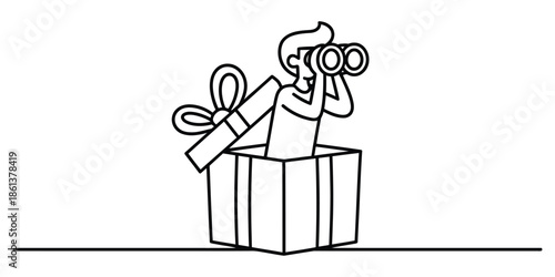 Person looking through binoculars from a gift box discovering new opportunities