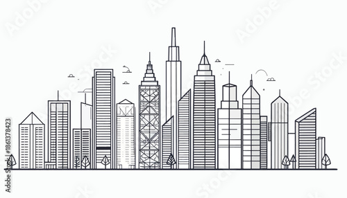 Clean geometric line art of modern city skyscrapers and urban buildings