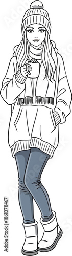 Stylish young woman dressed warmly in winter attire holding a cozy mug of a hot beverage stands ready for the cold weather season.