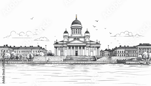 Minimalist architectural sketch of a neoclassical building with central dome