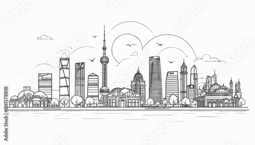 Modern Shanghai skyline line art illustration with Oriental Pearl Tower