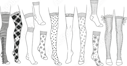 Collection of various styles of women's hosiery including thigh highs knee socks and ankle socks presented in outline drawing format