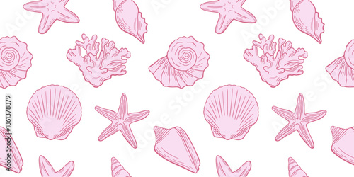 Seamless ocean pattern with hand drawn seashells, starfish, coral in pink colors. Marine line art style elements on white background for summer textile, packaging, print, fabric design.