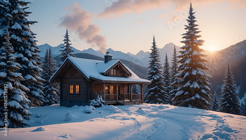 Cozy Snow-Covered Mountain Cabin at Sunset with Pine Trees