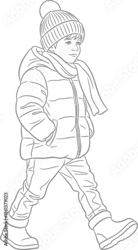 Outline drawing of a small child bundled up warmly in winter attire including a puffer coat hat and scarf walking outside